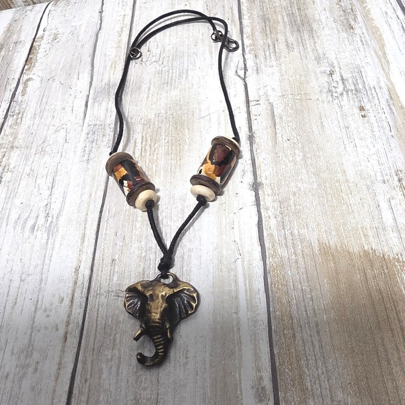 Bronze Elephant Pendant Necklace Boho Animal Print Beads Black Cord Jewelry - Picture 4 of 8